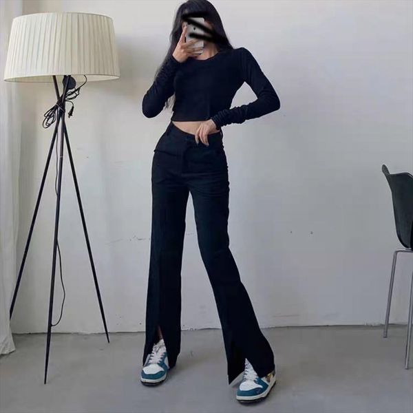 

flared trousers front slit women pant straight leg korean style clothes streetwear black, Black;white