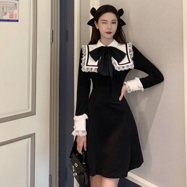 

casual dresses of fund 2021 autumn outfit temperament navy collar lace bowknot long-sleeved dress female restoring ancient ways, Black;gray