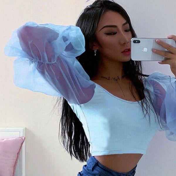

slim fit casual cropped womens shirt sheer low cut spliced mesh puff sleeve crop stylish blouse, White