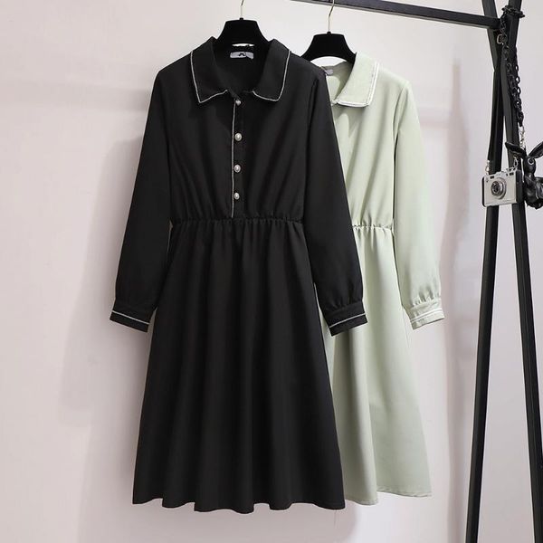 

casual dresses 2xl ~ 6xl plus size 2021 autumn buttons long sleeve dress hight waist turn-down collar women slim black green b723, Black;gray