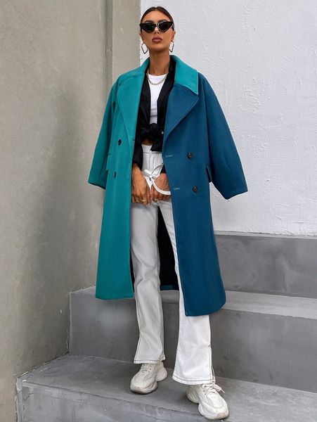 

colorblock lapel neck double breasted drop shoulder overcoat d8o3#, Black