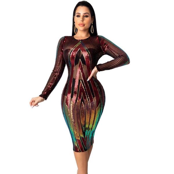 

sparkly sequin party dresses women o-neck long sleeve sheath knee-length pencil dress elegant chirstmas sheer bodycon casual, Black;gray