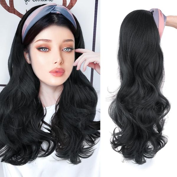 

synthetic wigs huaya long straight/body wave headband for women natural hair full wig no clips hairband, Black
