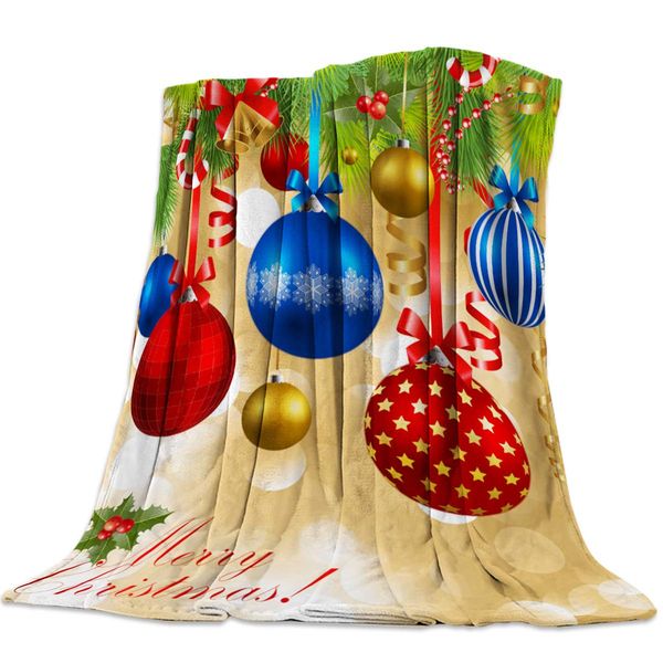 

Fluffy Plush Flannel Fleece Throw Blanket, Christmas Balls Pine Tree Bell Ribbon Colorful New Year Luxury Lightweight Warm Cozy