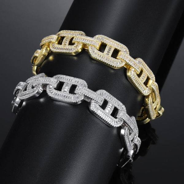 

charm bracelets miami 14mm big box clasp cuban link bracelet gold silver plated iced out baguette zircon men hip hop fashion jewelry, Golden;silver