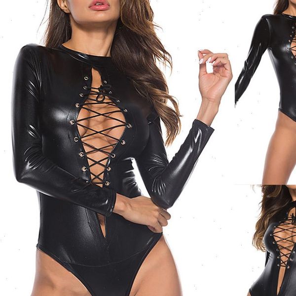 

s 5xl plus size women jumpsuit leather bodysuit long sleeve lace up club pu romper teddy latex catsuit catwomen, Black;white
