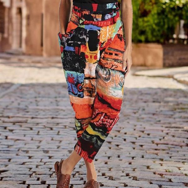 

selling women's fashion art printed loose pants woman belt harem female pocket design casual for 2021#4 & capris, Black;white