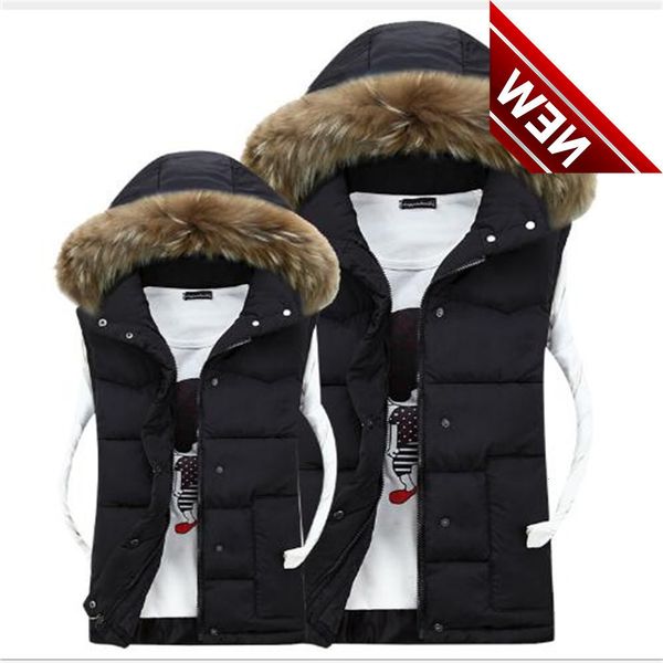 

winter warm thick new men's casual fur collar couple wear down cotton hooded vest jacket coat vests, Black