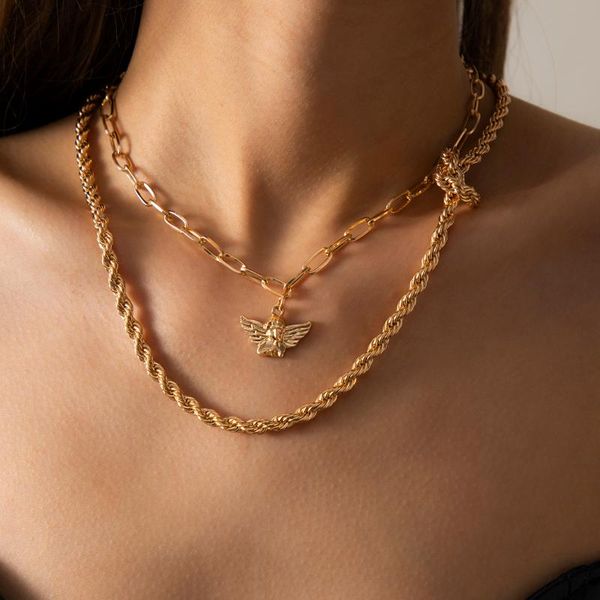 

pendant necklaces ingemark 2pc/set minimalist neck chain choker vintage punk twist cross angel necklace women men jewelry, Silver