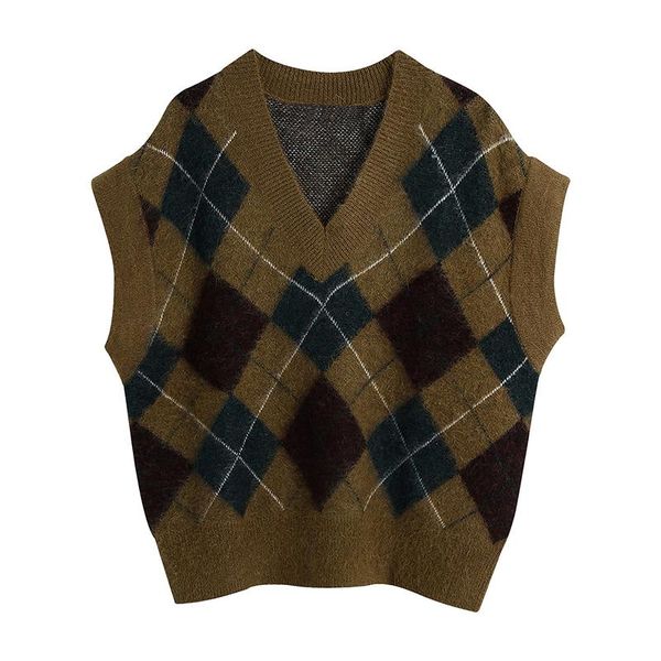 

women's vests malina fashion autumn vintage loose argyle sweaters women elegant v neck pullover sweater sleeveless ladies, Black;white