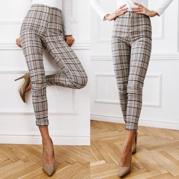 

women's pants & capris women plaid stretch skinny trousers casual elastic waist pencil feet slim zipper, Black;white