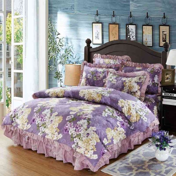 

4/6pcs 100% cotton quilted soft bedspread purple pink shabby floarl bedding sets  king size ruffle duvet cover pillowcases