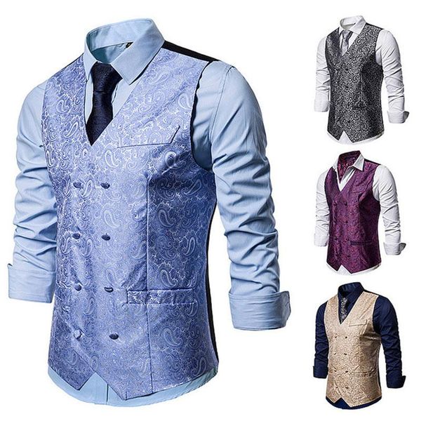

men's vests classic waistcoat vest jacquard slim fit single breasted business wedding men suit gilet homme, Black;white