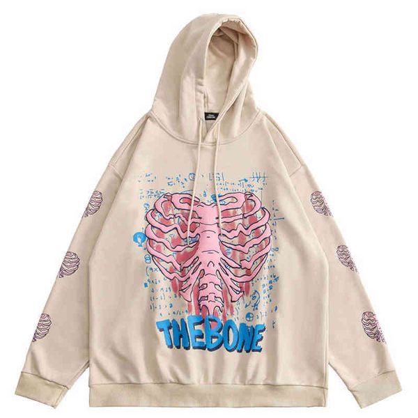 

hip hop streetwear hoodie harajuku sweatshirt letter skelet print trui 2021 men herfst katoen losse hooded kaki, Black