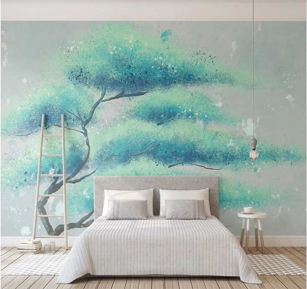 

custom 8d wallpaper mural fashion 3d mint green hand-painted a tree mood nordic style tv background wall wallpapers