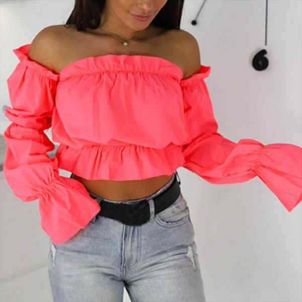 

candy color off shoulder womens shirts crop summer dot print lantern sleeve lady slash neck beach blouse, White