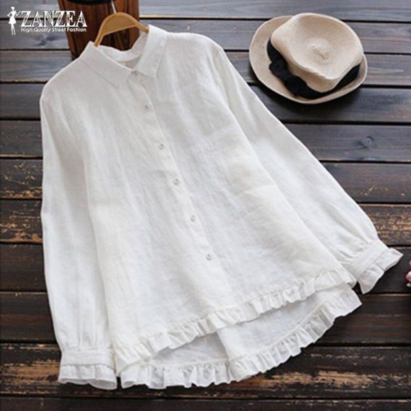 

women's blouses & shirts spring zanzea 2021 vintage ruffle casual long sleeve blusas female button irregular tunic chemise, White