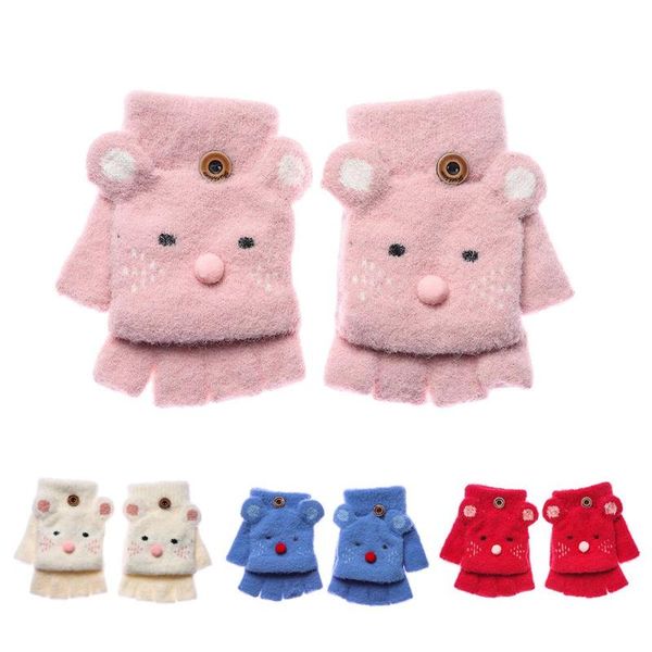 

children's mittens 1pair kids winter gloves boys girls warm half full finger cute cartoon flip fingerless work outdoor sports mitten, White