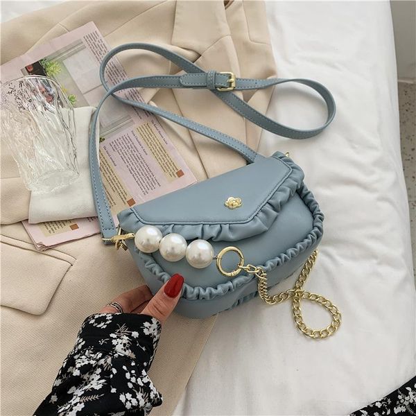 

cross body female pleated shoulder bag 2021 fashion pu flap women's designer handbag pearl chain messenger purses