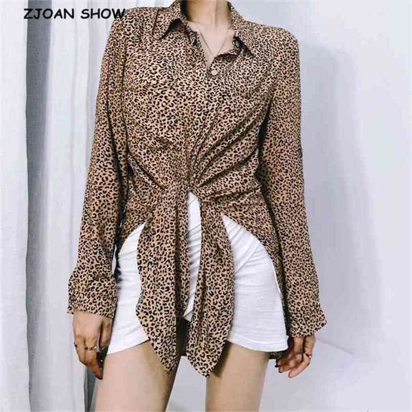 

autumn side slit leopard print women cotton long shirt retro lapel single-breasted button sleeve hem tie bow blouse 210429, White