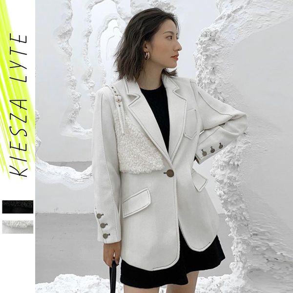 

women's suits & blazers fashion brand women woolen coat winter ladies office casual buttons patchwork suit blazer jackets chaquetas muj, White;black