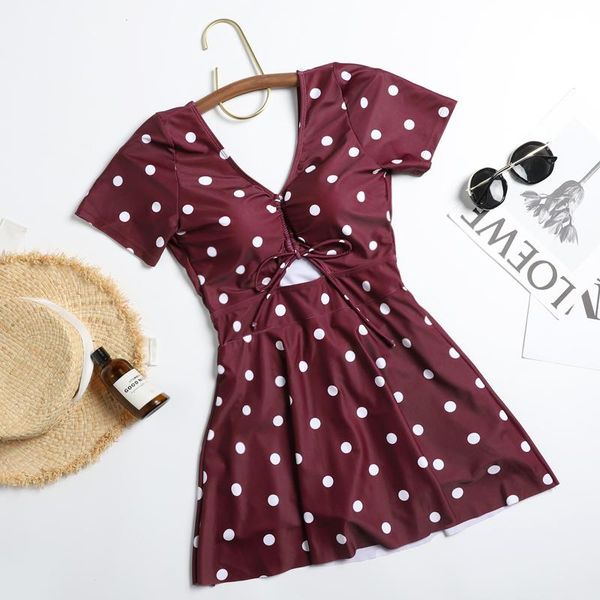 

one piece swimdress women short sleeve swimwear dot print swimsuit push up bathing suit monokini summer beachwear 2021 one-piece suits