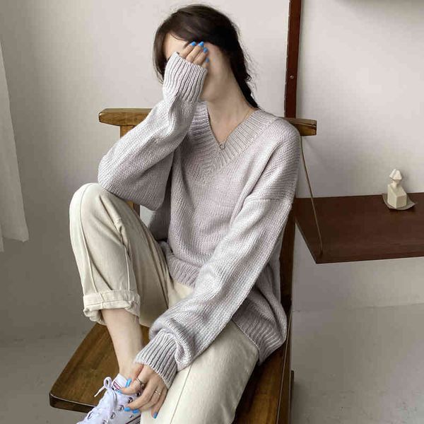 

korean version - women's long sve sweater, trend control v-neck sweater, loose, soft, wavy, White;black