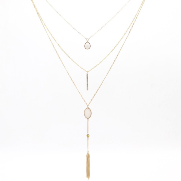 

pendant necklaces light yellow gold color alloy multi layer white quartz stone with tassels necklace geometric jewelry, Silver