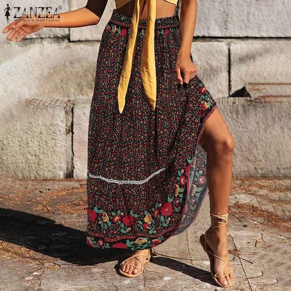 

skirts 5xl women bohemian 2022 summer stitching print maxi skirt casual elastic waist lady lace up bottom plus size, Black