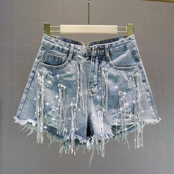 

women's jeans shorts woman 2021 summer european streetwear style loose high waist sequin fringed ripped denim, Blue