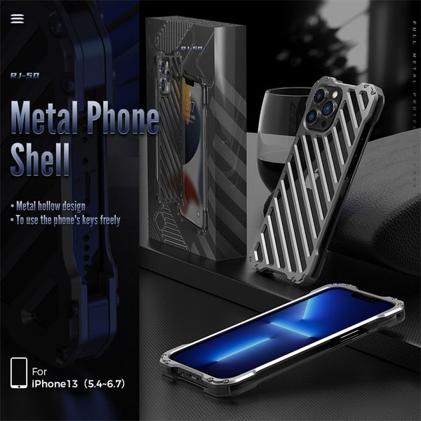 Handyhüllen aus Metall-Aluminium-Legierung für iPhone 15 14 13 12 Pro Max Serie, hohlgeschnitztes Design, Anti-Drop-Panzerungsabdeckung mit Kamera-Schutz-Installationswerkzeugen