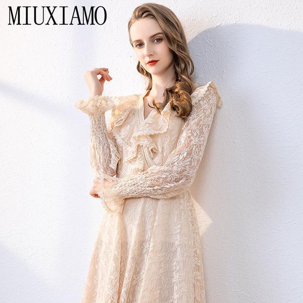 

casual dresses miuximao 2021 spring dress runway design ruffles women lace elegant slim vintage vestidos, Black;gray