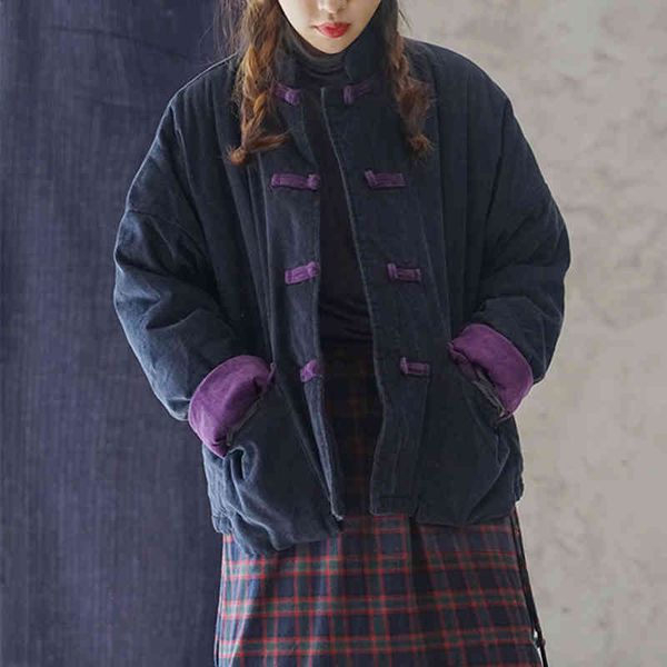 

johnature women corduroy vintage parkas stand long sleeve coats spring patchwork button pockets female chinese style coats 210521, Black
