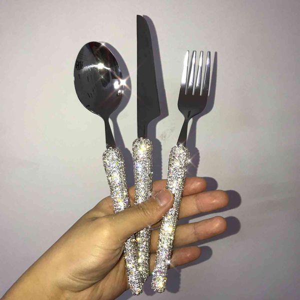 Sparkling Diamond Cutlery 3-teiliges Messer, Gabel und Löffel, umweltfreundliches Reisebesteck aus Edelstahl 304, Geschirrset