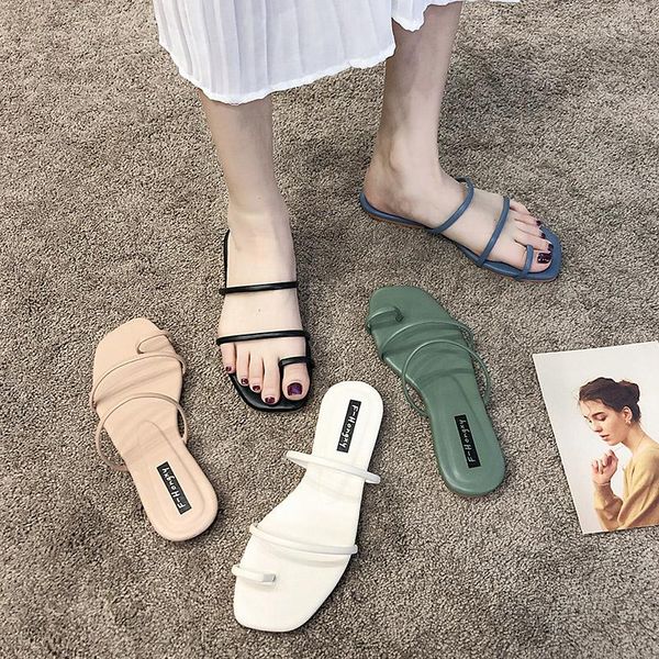 

slippers 2021 summer flats thong style retro leather drags holiday beach outside sandals shoes flat heel, Black