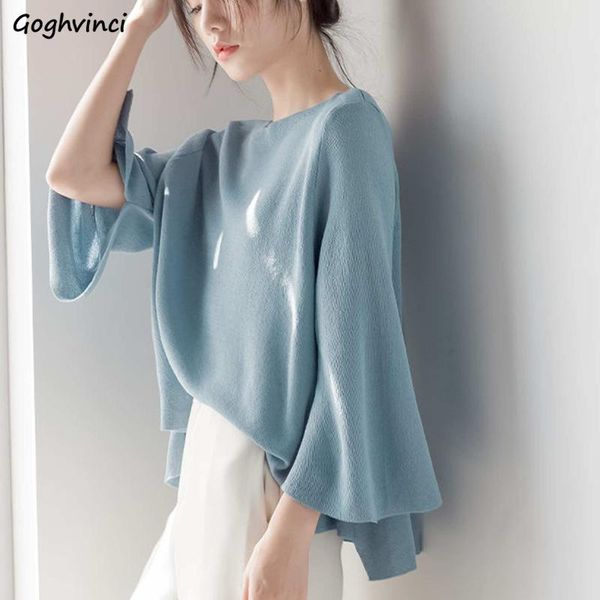 

women's t-shirt t-shirts women casual solid knitting female clothes various colors plus size elegant flare sleeve all-match loose korea, White