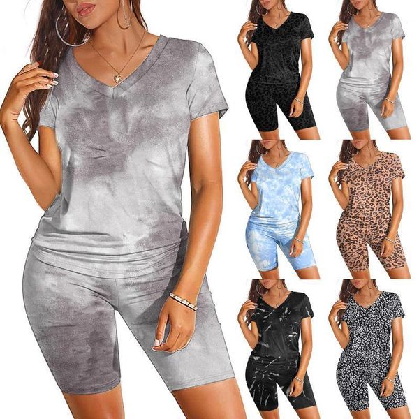 

women tracksuit two pieces set short sleeve v neck pants 2 tie dye outfits skinny elastic outdoor yoga outfit