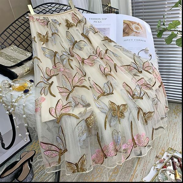 

spring summer vintage mesh women skirt a line sequined floral embroidery pleated skirts female elastic high waist s297, Black
