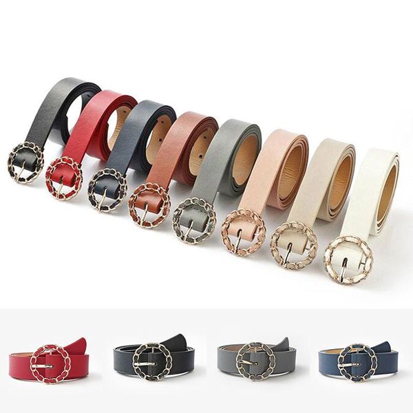 

belts pu leather women belt alloy round buckle female adjustable black white red waist vintage solid color dress decoration, Black;brown