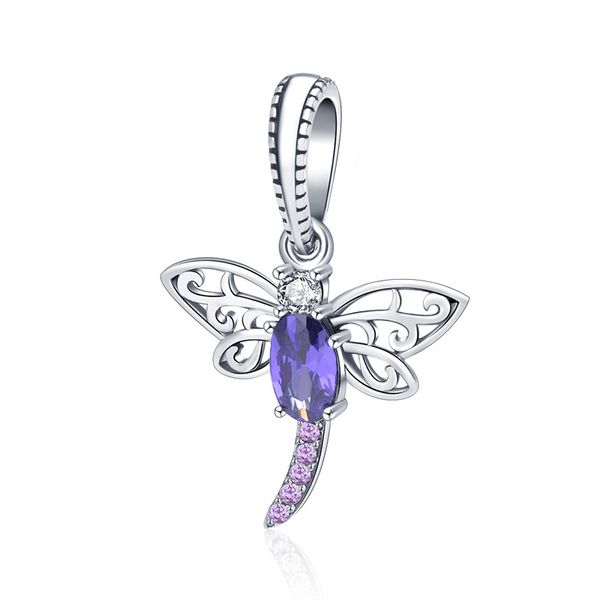 100% 925 стерлингового серебра стерлингового серебра Dragonfly Bead Purple Zircon Animal Barm Fit Европейский браслет для женщин Рождественский подарок