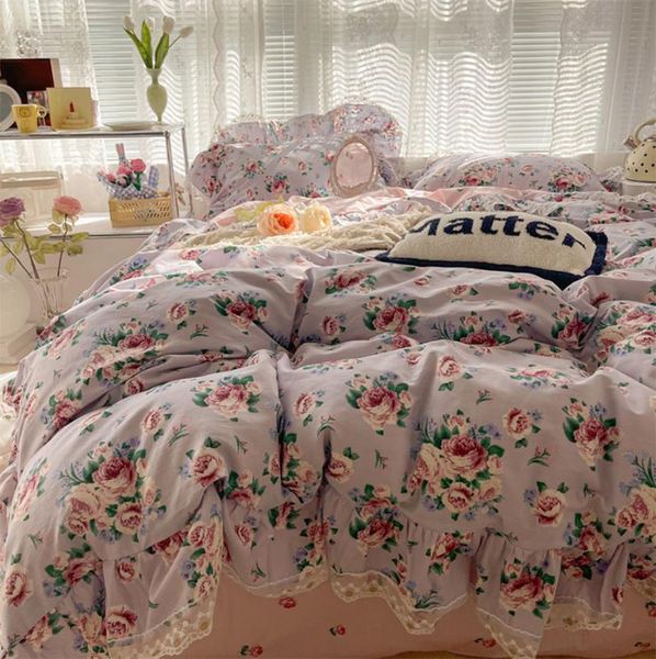 

bedding sets pastoral flower set,classic french floral lace ruffles cotton full  home textile bed sheet pillow case duvet cover
