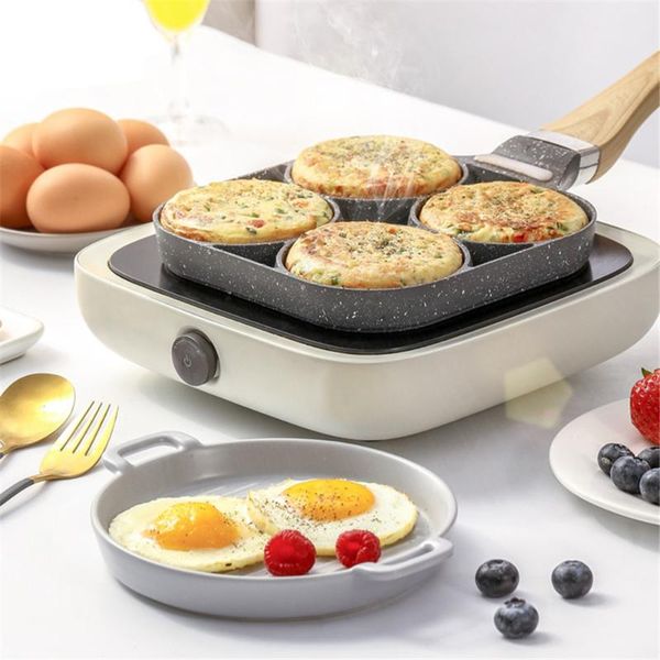 

pans 4 hole omelet pan for burger egg ham pancake maker wooden handle frying breakfast grill wok cooking pot drop