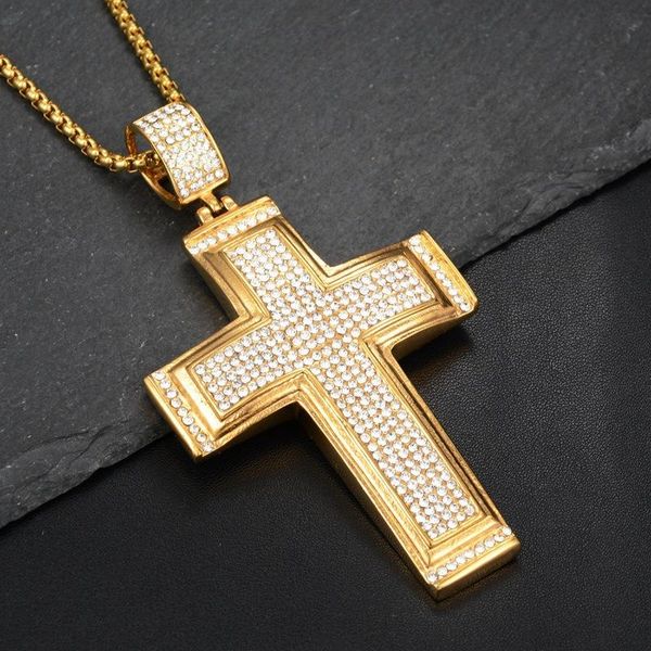 

pendant necklaces cross necklace hip hop classical five row white stone jewelry collier rock fashion mens gold chain dj rapper, Silver