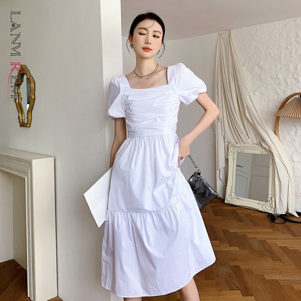 

women dress puff sleeve high waist a-line square collar temperament loose fit fashion tide summer 2h805 210507, Black;gray