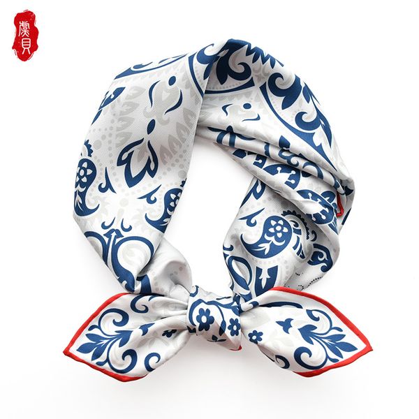 Twill-Seidenschal im chinesischen Stil für Damen, blaues und weißes Bandana, 65 cm, mittelgroße quadratische Schals, luxuriöses Halstuch für Damen