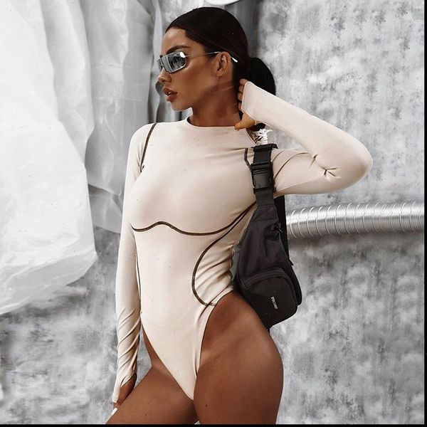 

patchwork striped line bodysuit women rompers long sleeve bodycon playsuit autumn winter streetwear female body, Black;white