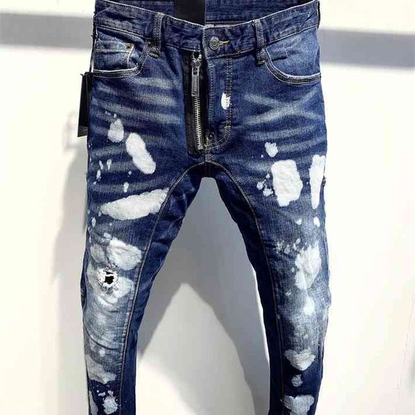 

2021 new trendy brand men's ripped jeans fabric comfortable and fashionable all-match7i, Blue