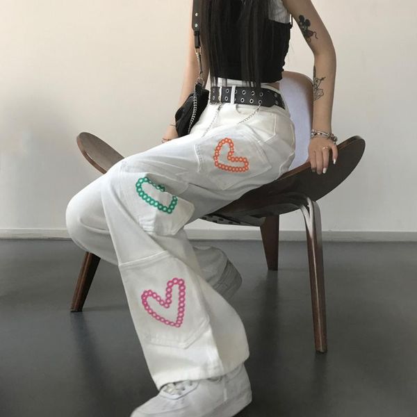 

women's jeans summer streetwear women loose hip-hop straight color love white denim pants y2k high waist wide leg trousers mujer, Blue