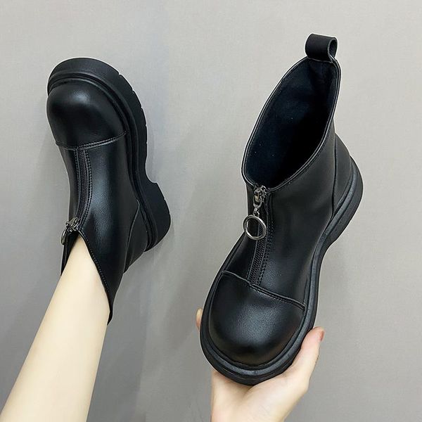 

boots woman zipper ankle 2021 autumn winter women solid color ladies rubber platform female fashion short tube, Black
