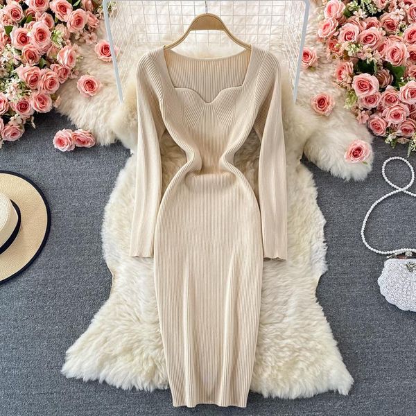 

casual dresses autumn long sleeve bodycon dress women slim elastic knitted sweater robe femme vintage vestidos, Black;gray
